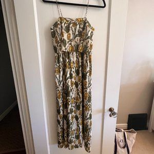 Leith Pleated Midi Dress Green Yellow Floral Ivory